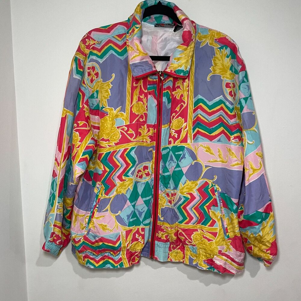 Multicolor Silk Ladies Zip Jacket Size L 80's Windbreaker Tracksuit Vintage Bold - Picture 1 of 5